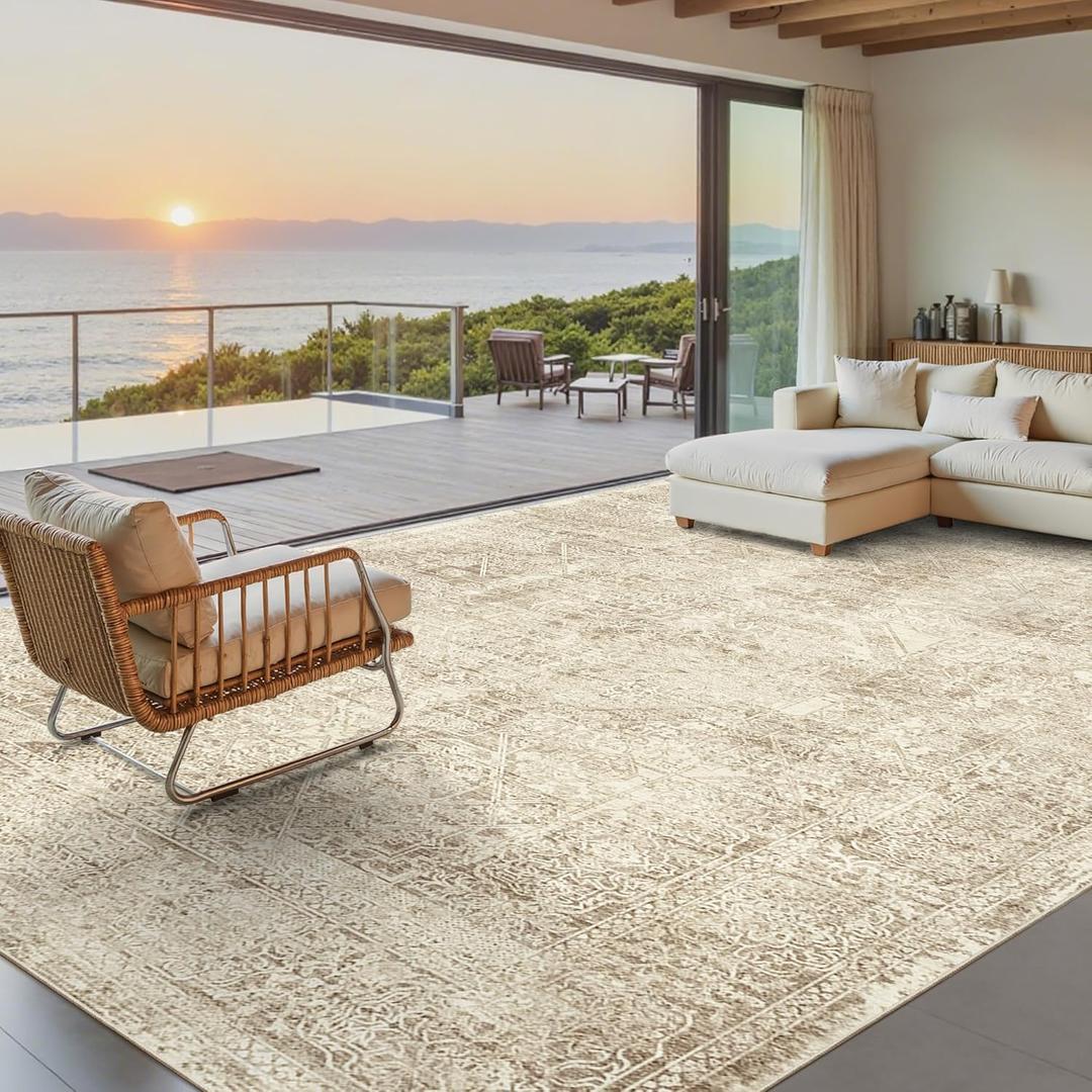 Soalmost Washable Area Rug 8x10 , Large Soft Rugs for Living Room Vintage 8x10 Area Rugs for Bedroom Dining Room Floral Non-Slip Thin Brown