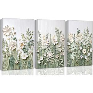 3 Pcs Sage Green Wildflowers Canvas Wall Art Neutral Minimalist Abstract Boho Floral Botanical Painting Pictures Wall Decor Poster Print Artwork for Living Room Bedroom Home Decoration, 24L" x 16W"
