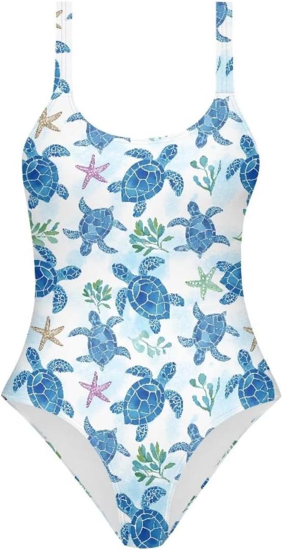 One Piece Bathing Suit for Teen Girls Comfy Crewneck Backless Bathing Suit (11-12, Sea Turtle)