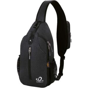 WATERFLY Crossbody Sling Backpack Sling Bag Travel Hiking Chest Bag Daypack (Black)