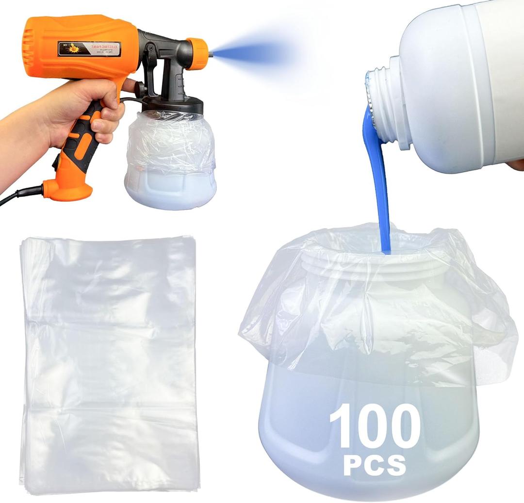 100PCS Paint Sprayer Cup Liners, 7.8" x 11.8" Disposable Paint Sprayer Bags, Replacement Canister Liners for Wagner Spray Gun & Other Paint Sprayers  Easy Cleanup for Painting Projects (100 Count (Transparent))