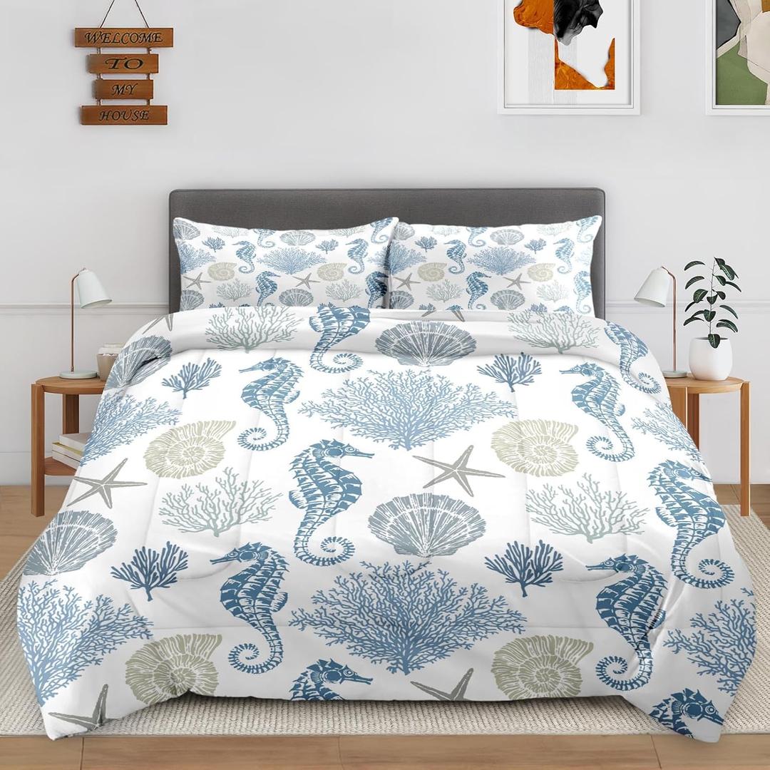 Queen Size Bedroom Comforter Set with 2 Pillowcases, Ocean Marine Life Sea Shells Theme, Bedding Decor Tropical Shellfish Seahorse Seashells Starfish Coral Soft Cozy Bed Set for Kids Adults