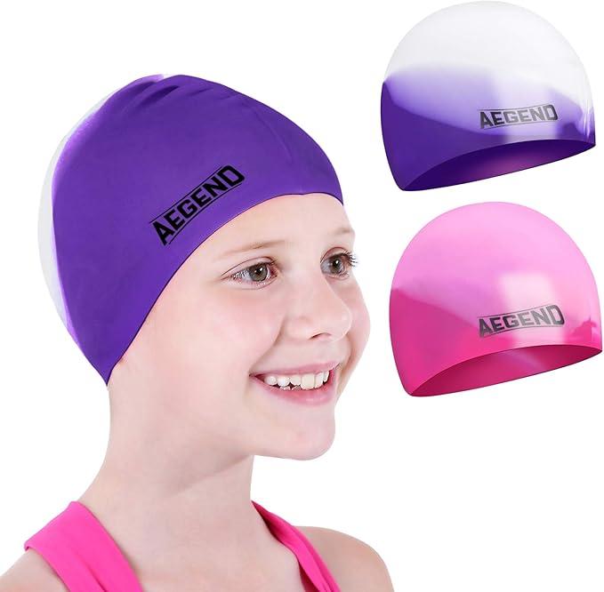 Aegend 2 Pack Kids Swim Cap for Girls Boys Age 3-15, Waterproof Durable Silicone Swimming Cap for Long or Short Hair, Comfortable Fit for Youths
