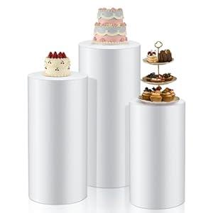 3 Pcs Cylinder Stands for Party, PVC Large Clear Cake Pedestal Stand, Round Reusable Dessert Display Tables for Birthday Wedding Baby Shower Decoration, 35. 4'' H, 29. 5'' H, 23. 6'' H White