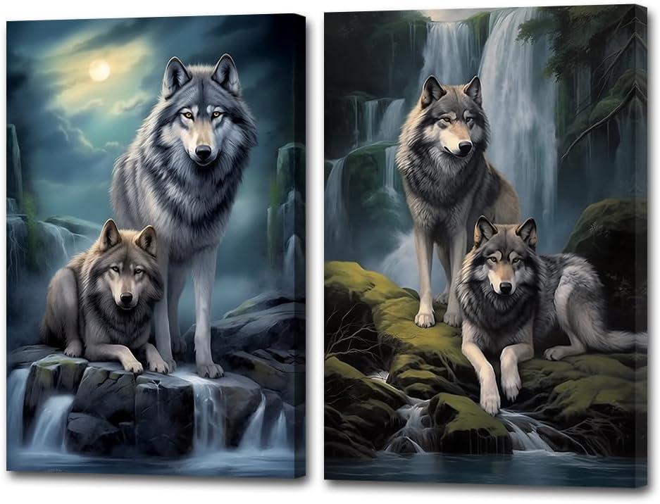 Animal Canvas Wall Art Wolf Couple Picture Wall Decor Wildlife Wolves Animals Painting Prints for Dining Room Decor Framed(Animal-4,16x24inchx2 Pieces (40x60cmx2 Pieces))