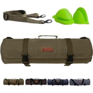 Chef Knife Roll Bag - Premium 12oz Waxed Canvas Chef Knife Case, 11 Slots - Ideal Chef's Knife Bag for Carving Knives, Cleaver, Chef Tools & Utensils - Oven Mitts Included (Army Green)