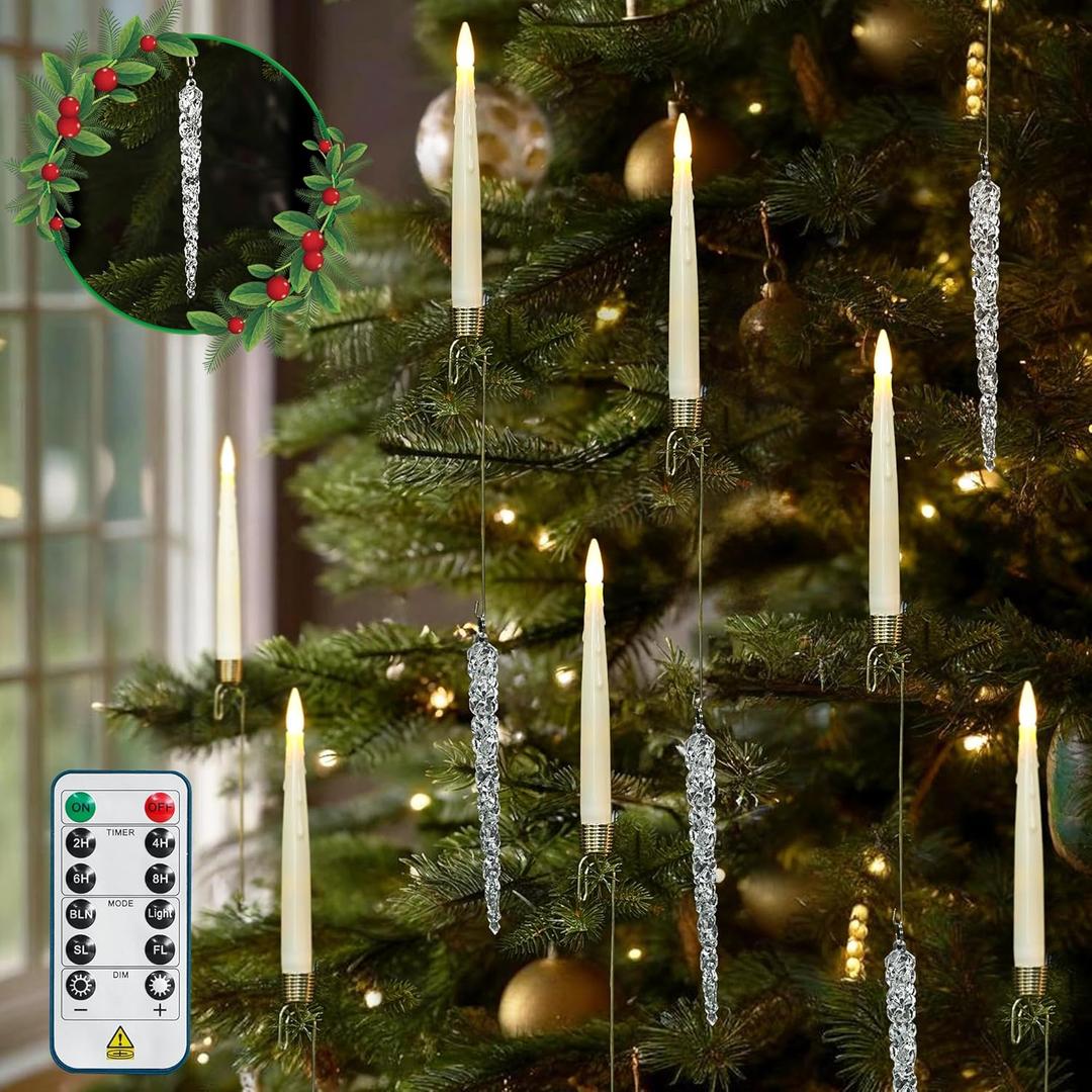 16 PCS Christmas Tree Candle Lights with Acrylic Icicles Hook Flameless LED Taper Candles with Remote for Christmas Tree Decor (16pcs, Ivory(A)