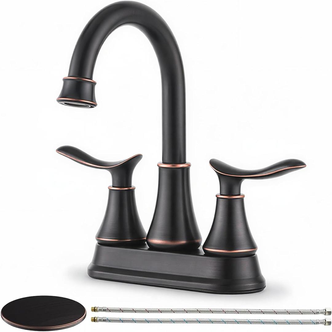 KINGO HOME Modern 2 Handle Oil Rubbed Bronze Bathroom Faucet, Bronze Bathroom Faucets RV Rubbed Bronze Bath Vanity Faucet for Sink 3 Hole with Water Supply Lines and Pop Up Drain