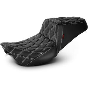 One-Piece Driver and Passenger Seat with Diamond Pattern Stitching Fit for Harley Touring Road King 1997-2007 Street Glide 2006-2007 (White Stitching)