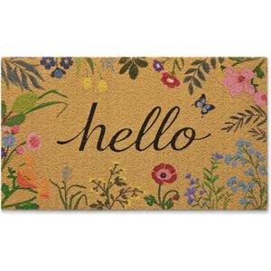 Kelarea Hello Spring Floral Door Mat, 17" x 29" Artificial Coco Coir Welcome Entry Mats with Non-Slip Backing, Easy Clean Colorful Doormat for Front Door Entrance Outside Porch Decor