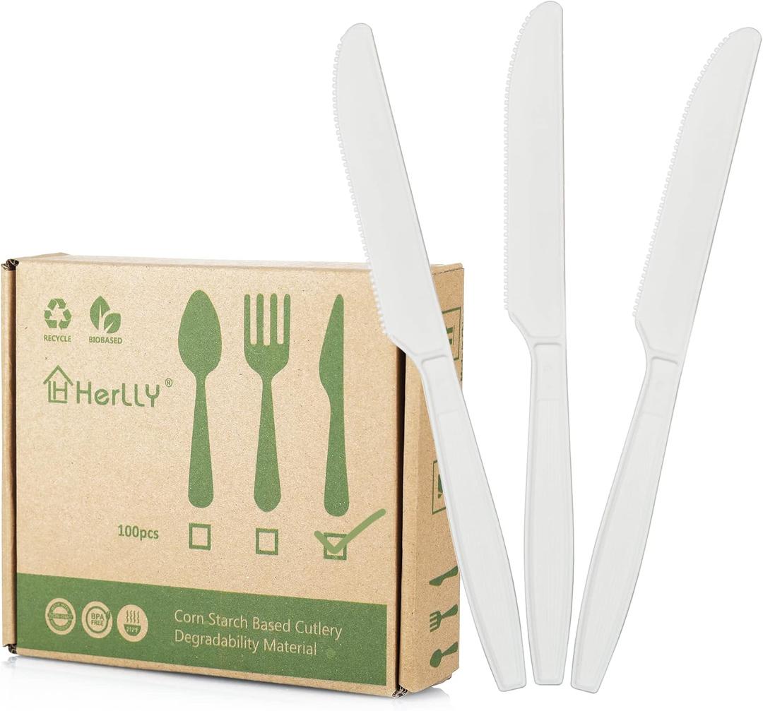 Compostable Knife,100 Biodegradable Silverware for Party, Large Disposable Utensils Eco Friendly Durable and Heat Resistant,Alternative to Plastic Knife