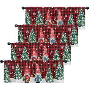 4 Pack Valances Window Treatments, Christmas Gnome Pine Red Plaid Drapes Adjustable Curtain for Windows Living Room Kitchen Sink Above, 18x52 Inch Rod Pocket Valances