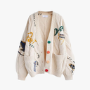 Women's Cable Knit Long Sleeve Open Front Cardigan Sheep V-Neck Button Down Embroidery Wool Blend Sweater Coat Outwear, Size XS