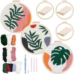 Allazone 3 Set Punch Needle Embroidery Starter Kits for Beginners, Include Punch Needle Fabric with Leaf Pattern, Yarns, Embroidery Hoops, Threader Tools and Instructions (Leaf) (02-Green Leaf)