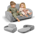 2-in-1 Sherpa Fold Out Kids Couch, Extra Wide Comfy Toddler Chair, Convertible Kids Sofa to Lounger, Foldable Toddler Couch with High Density Foam, Modern Kids Sofa Bed for Boys & Girls 3+, Gray