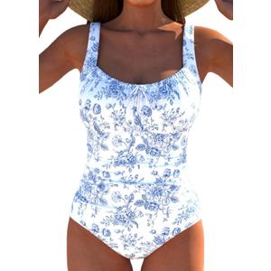 ROSEWE Tummy Control One Piece Swimsuits for Women, Ruched Bathing Suits, Cute Print Shirred Swimwear for Vacation (S)