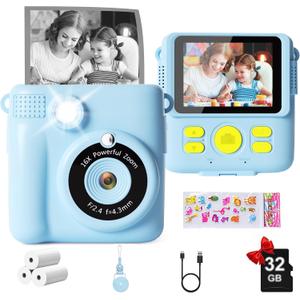 GKTZ Kids Camera Instant Print - 1080P HD Toddler Digital Camera with 32GB SD Card - IPS HD Screen, Ultra-Fast Printing, 2000mAh Battery, Birthday for Girls & Boys Ages 3-16, Blue