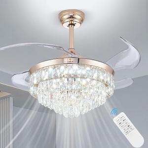 CLAIRDAI 42'' Dimmable Ceiling Fan with Light and Remote Crystal Modern Chandelier Fan Retractable Fandelier with Memory, Silent Motor, 6 Speed, 3 Color Change, Timer Function (Gold) CLAIRDAI 42'' Dimmable Ceiling Fan with Light and Remote Crystal Modern Chandelier Fan Retractable Fandelier with Memory, Silent Motor, 6 Speed, 3 Color Change, Timer Function (Gold)