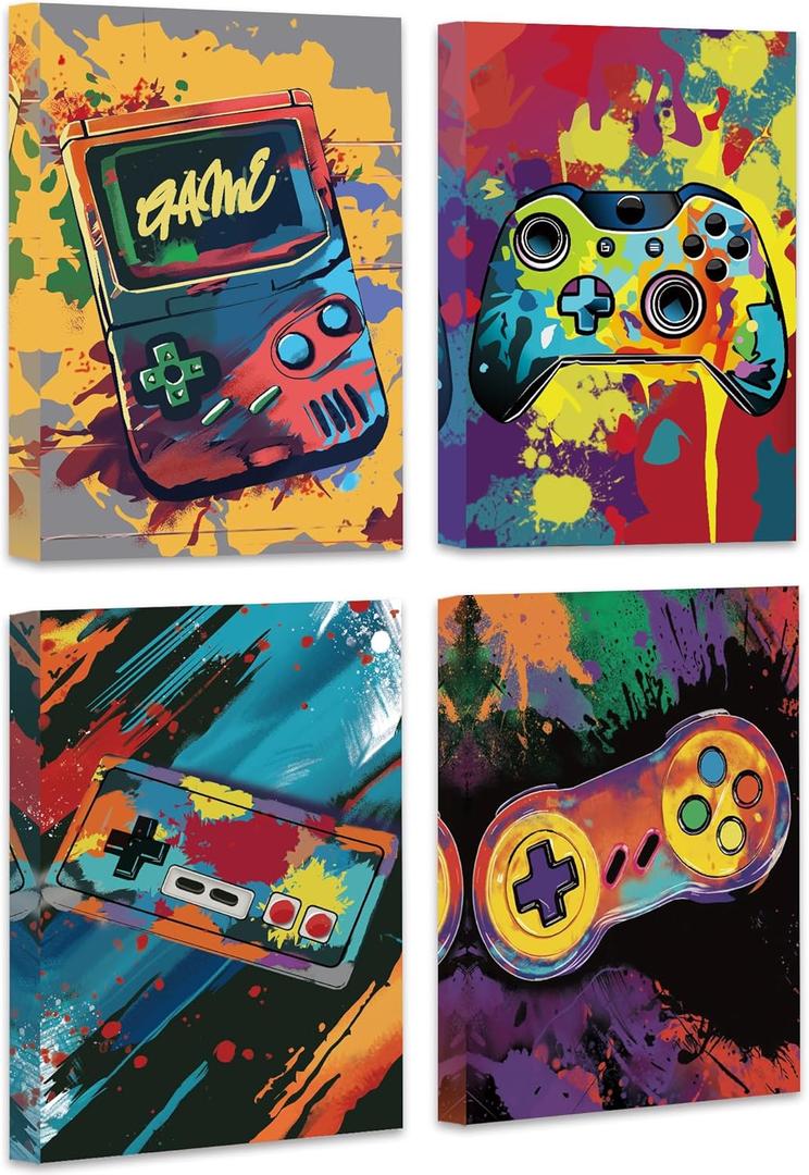 Drsoum Cool Video Game Decor for Boys Gaming Wall Art Watercolor Graffiti Gamer Room Decor Game Poster Framed 8"x10" - Gamepad Painting Teenage Boy Room Decor (8''x 10'')