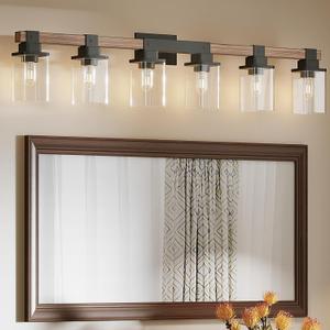 6 Light Bathroom Vanity Light 41 in with Glass Shade, Farmhouse Vanity Light for Bathroom Light fixtures Over Mirror, Square Rustic Brown
