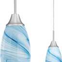 Mini Glass Pendant Light with Handblown Blue Marble Art Glass Shade Adjustable Cord Modern Oval Lamp Ceiling Pendant Light Fixture for Dining Room, kitchen, Foyer, Hallway, Brushed Nickel Finish 3 Pack