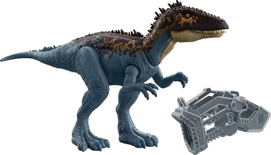 Mattel Jurassic World Mega Destroyers Dinosaur Action Figure, Carcharodontosaurus Blue Dino Toy with Attack Motion & Breakaway Accessory