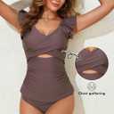 Aleumdr Two Piece Tankini Swimsuits for Women Cutout Tummy Control Bathing Suit Ruffled V Neck Tank Tops with Bottom (Brown, M)
