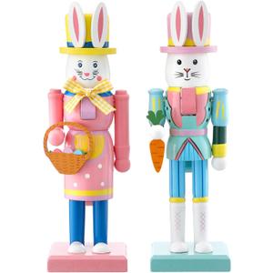 2 Pcs Easter Bunny Nutcracker 10 Inch Traditional Rabbit Wooden Nutcrackers Easter Wood Decorative Bunny Figurine Ornament for Tabletop Plaque Decor