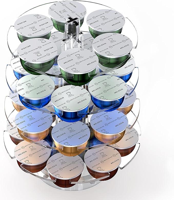Genew Coffee Pods Holder Acrylic Carousel Stand Compatible with 28 Nespresso Vertuo Capsules And Dolce Gusto Capsules Storage Organizer for Small Countertop