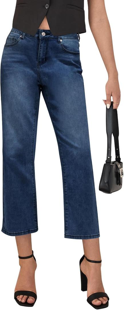 LookbookStore Cropped Jeans for Women High Waisted 90s Baggy Straight Stretchy Denim Pants Trendy Jeans with Pockets (X-Large, Nightfall Blue)