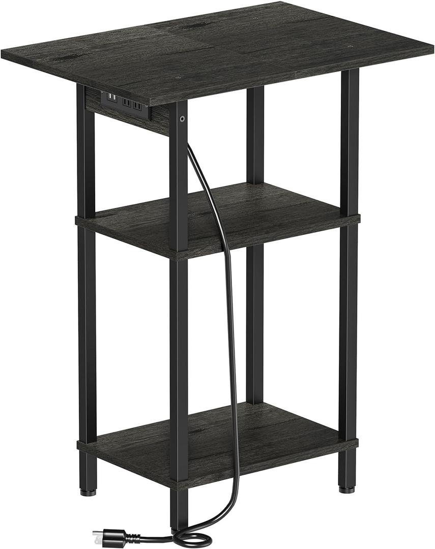 Asgolion Tall End Table with Charging Station, Skinny Nightstand with USB Ports and Outlets, 3 Tier Narrow Side Table with Storage for Bedroom, Living Room, Office, Carbon Gray, 30"h