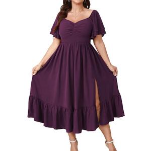 SCOMCHIC Womens Plus Size Wedding Guest Cocktail Dresses Sweetheart Neckline Short Sleeve Smocked Ruffle Slit Maxi Dress, 3XL