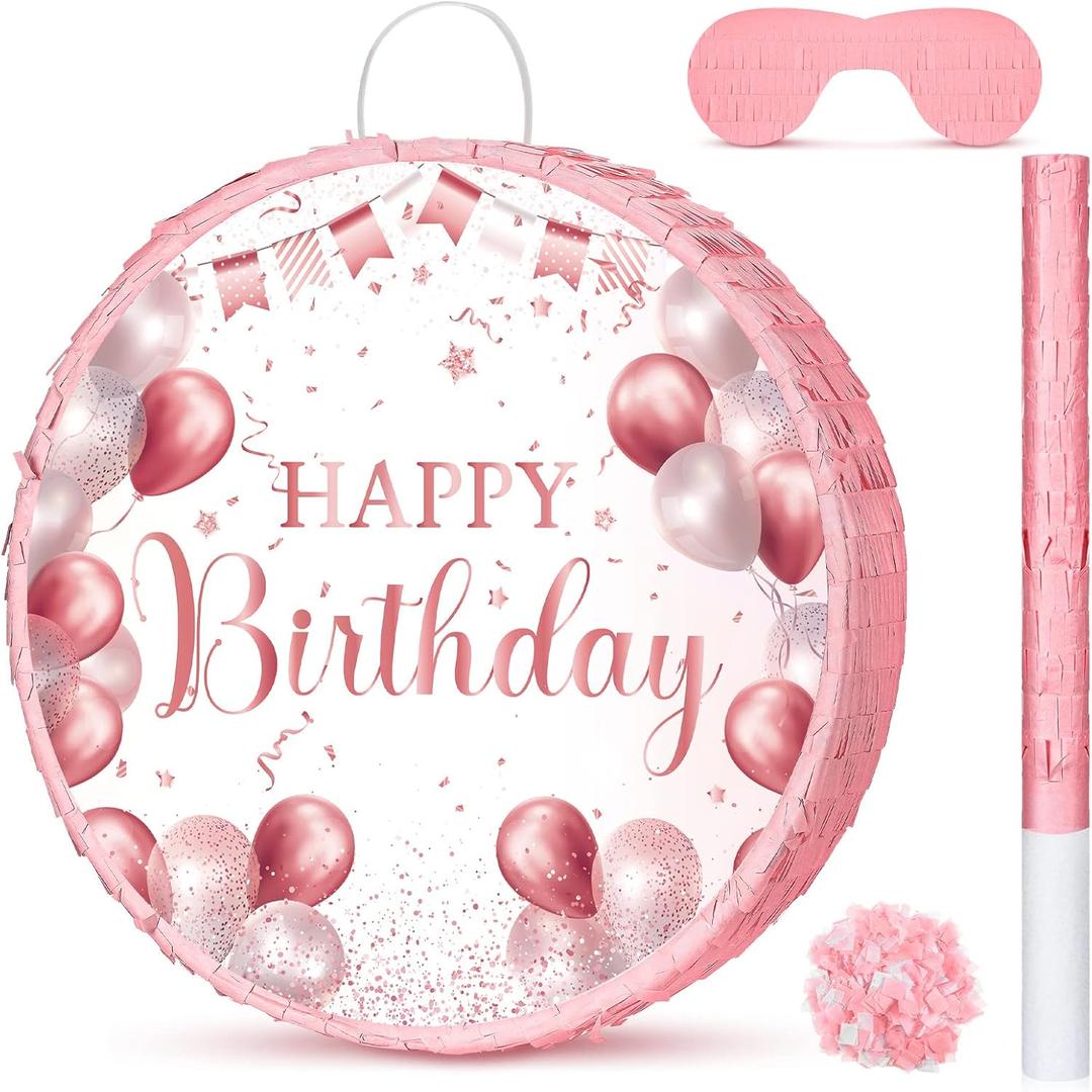 Sinmoe Birthday Piata with Stick Blindfold and Confetti for Boys Girls Men Women Birthday Party Supplies(Rose Gold)