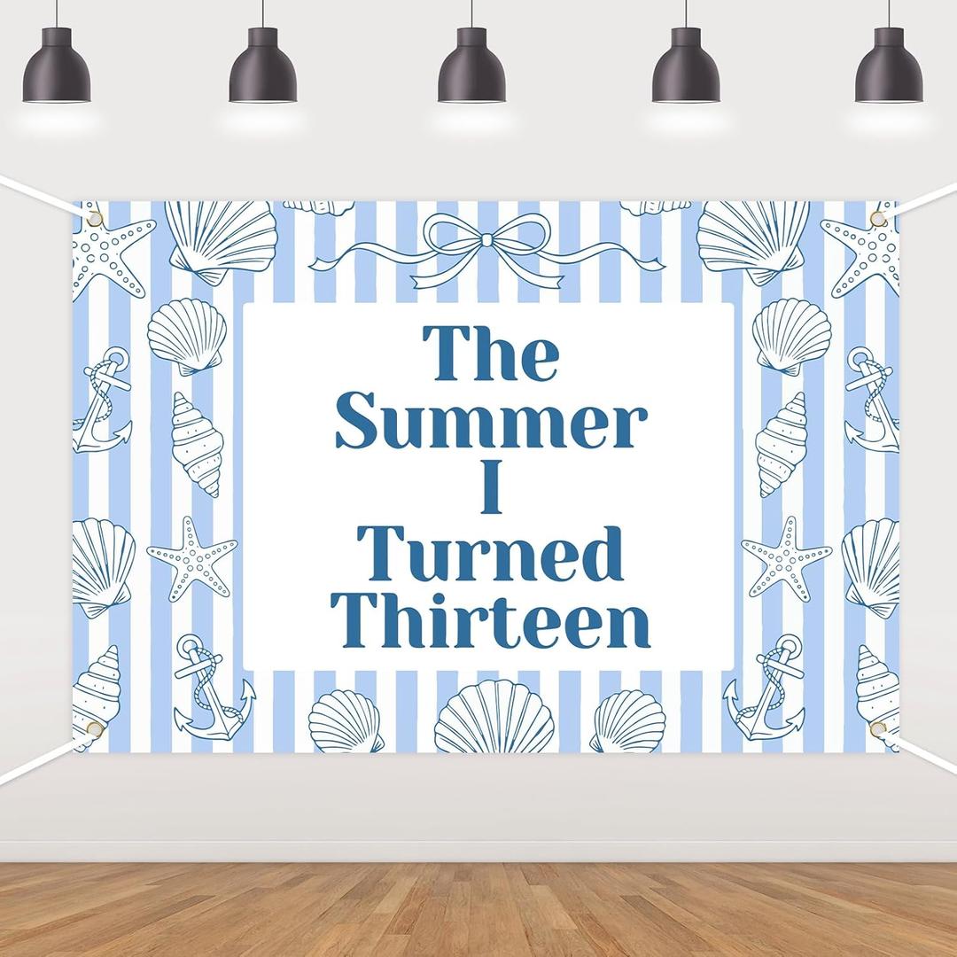 The Summer I Turned Thirteen Backdrop Nautical 13th Birthday Decorations Blue and White Bow Nautical Anchor Shell Banner for Kids Under the Sea Cruise Sailor Cheers to 13 Years Photo Props 5 * 3ft