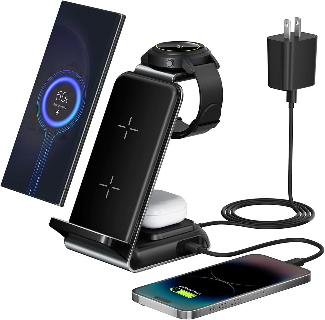 Wireless Charging Station for Samsung - Fast Charging Wireless Charger for Galaxy S23 Ultra/S23/S23+/Z Flip/Fold 5/4/3/iphone/Android Phones, Galaxy Watch 6/5 Pro/5/4/3 & Buds.(with 30W PD Adapter) (Black)