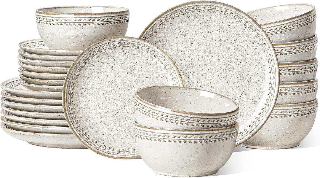 LE TAUCI 24 Piece Dinnerware Sets for 8, Large Plates and Bowls Sets, Ceramic Dishes Set for 8, Modern Stoneware Tableware, Chip Resistant, Ideal for Hosting, Reactive Beige (8"&10" Plate, 27oz Bowl)