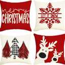 Sunboom Christmas Pillow Covers 18x18 Set Of 4, Christmas Farmhouse Decoration Holiday Winter Throw Pillow Covers, Red Snowflake Merry Christmas Tree Reindeer Linen Pillow Cases, Xmas Decor Home Couch