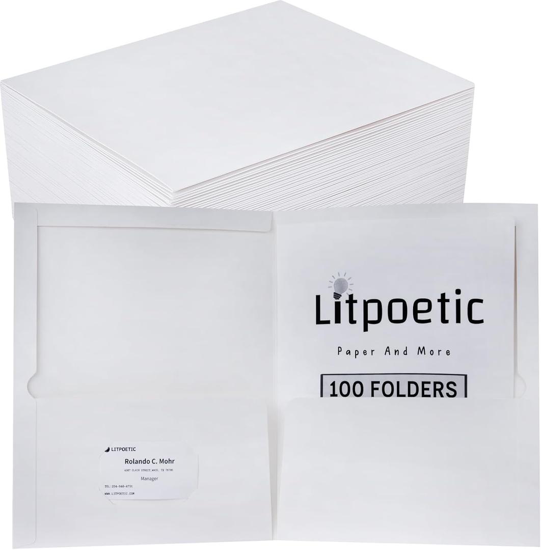 Two-Pocket Folders White Glossy Laminated Paper Folder, Letter Size Folders with Pockets, Holds 100 Sheets, for School, Office, Home,Box of 100