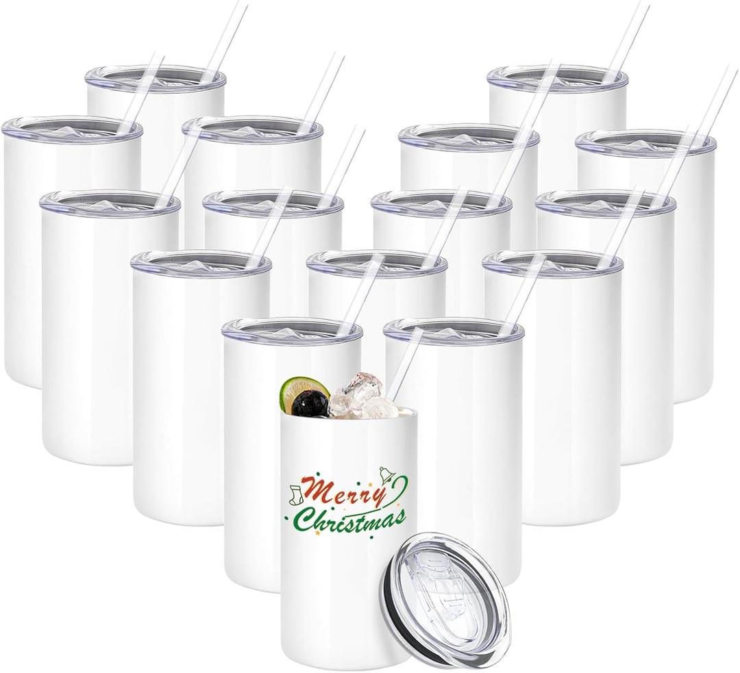 16 Pack Sublimation Tumblers Blanks Bulk Sublimation Cups Skinny Straight Tumbler Stainless Steel Double Wall Insulated Water Bottles with Lid & Straw for DIY Gift, 12oz White
