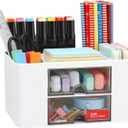 Desk Organizer with 2 Drawer, Plastic Desktop Pen Pencil Card Holder Storage Box for Desk, Office Supplies, Vanity Table Office School Home (White)