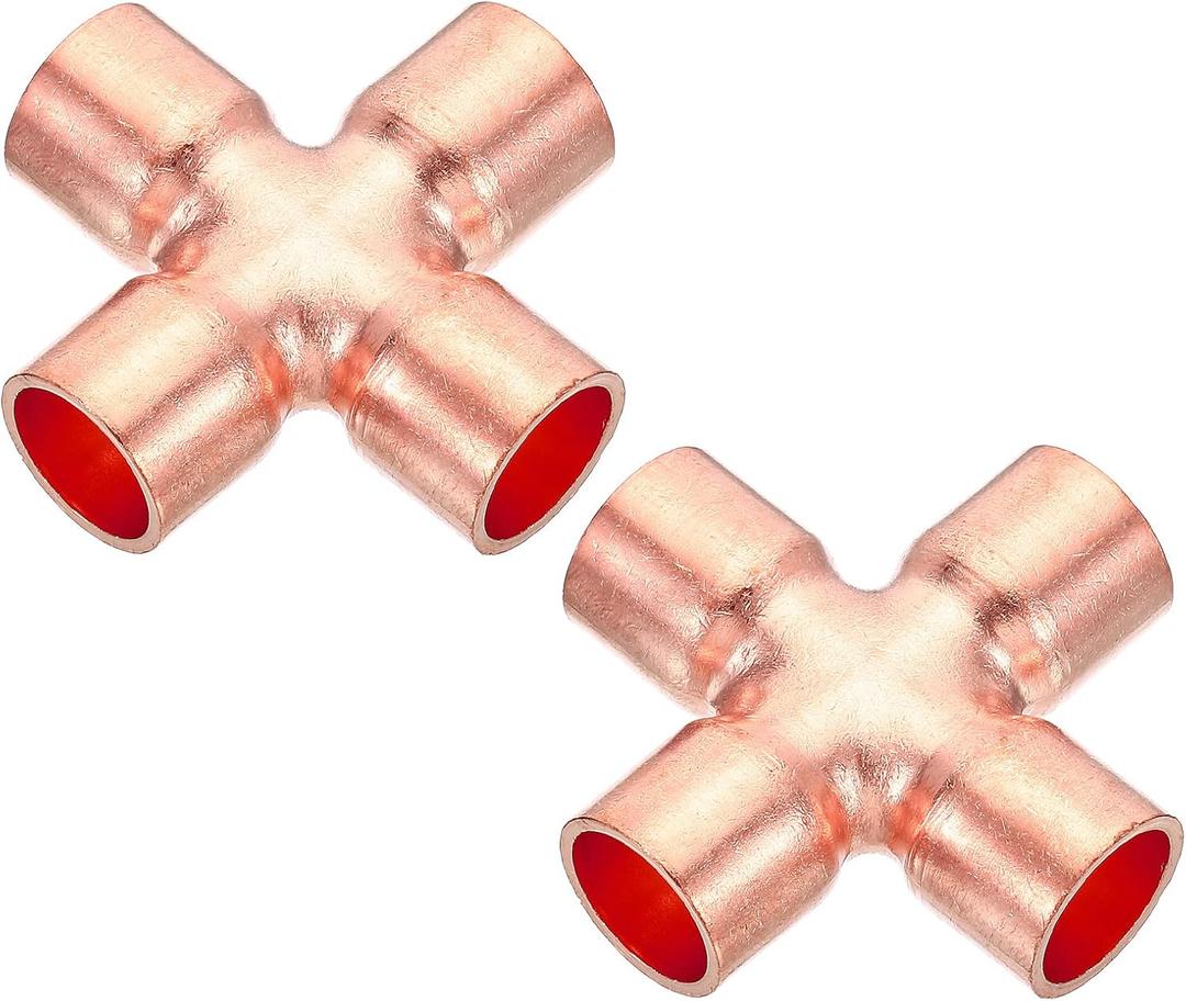 PATIKIL 1/2 Inch ID 15mm OD Copper Union Cross Pipe Fitting, 2 Pack 4 Way Welding Copper End Feed Equal Pipe Connector for Plumbing Air Conditioning Refrigeration Gas Water Oil