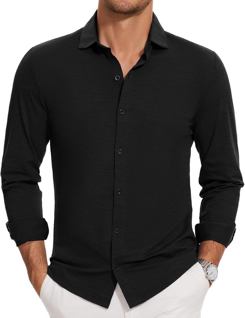 Men's Long Sleeve Button Down Shirts Wrinkle Free Business Untucked Stretch Dress Beach Casual Wedding Shirt (Black, S)