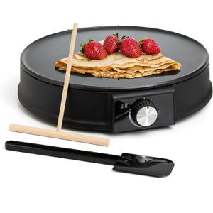 Moss & Stone 12 Inch Electric Griddle & Crepe Maker Machine. Electric Crepe Maker with Adjustable Temperature for Blintzes Pancakes & Tortilla, Non-Stick Crepe Pan & Batter Spreader & Spatula (Zed Black)