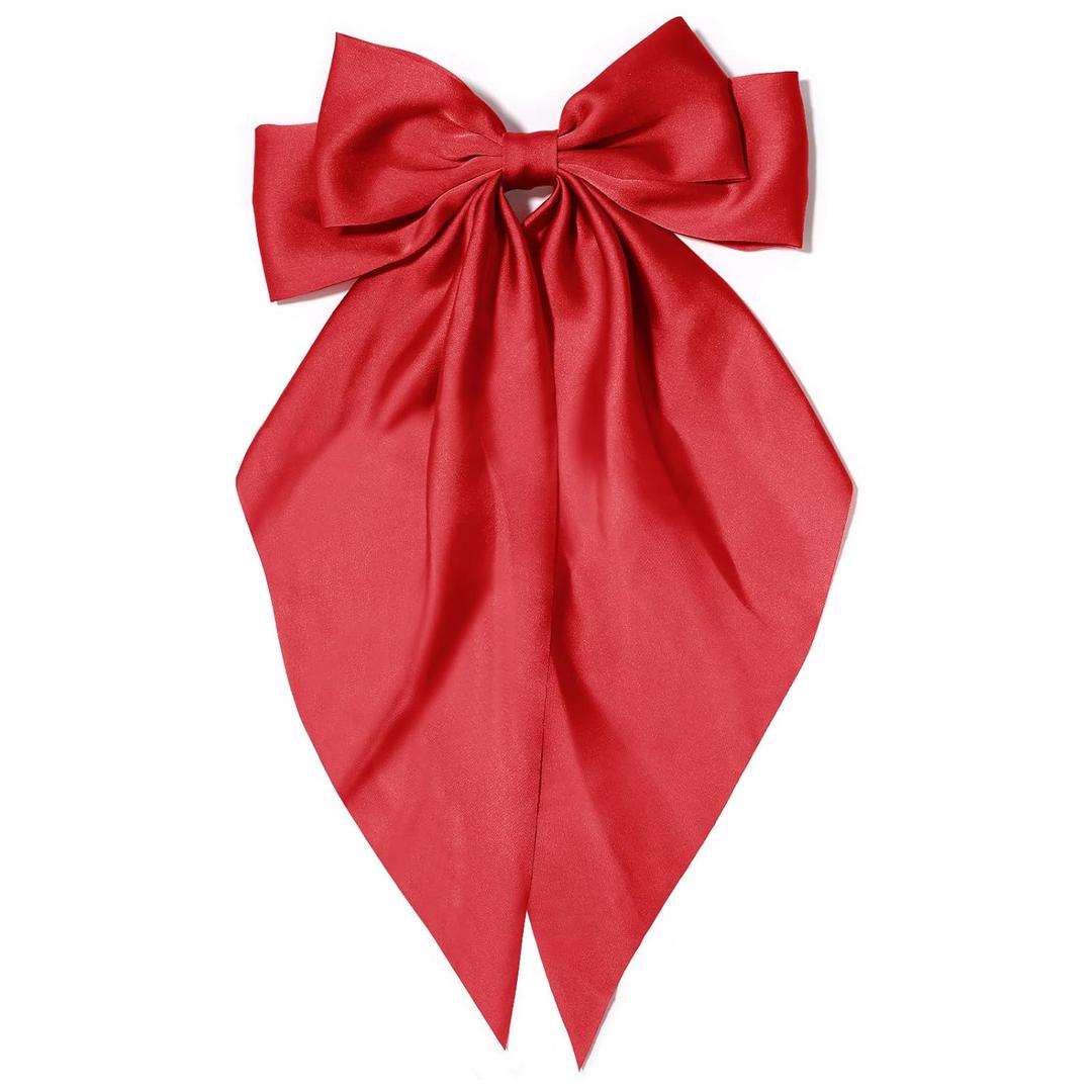 Big Red Silky Satin Hair Bows for Women - Long Tail Cute Hair Ribbons, Coquette Barrettes for Girls