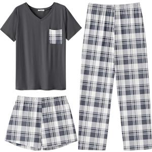 Ekouaer Women's 3 Piece Pajama Set Short Sleeve Sleepwear Pj Set Top and Shorts Pants Pjs with Pockets (Large, Light Gray Plaid) Ekouaer Women's 3 Piece Pajama Set Short Sleeve Sleepwear Pj Set Top and Shorts Pants Pjs with Pockets (Large, Light Gray Plaid)