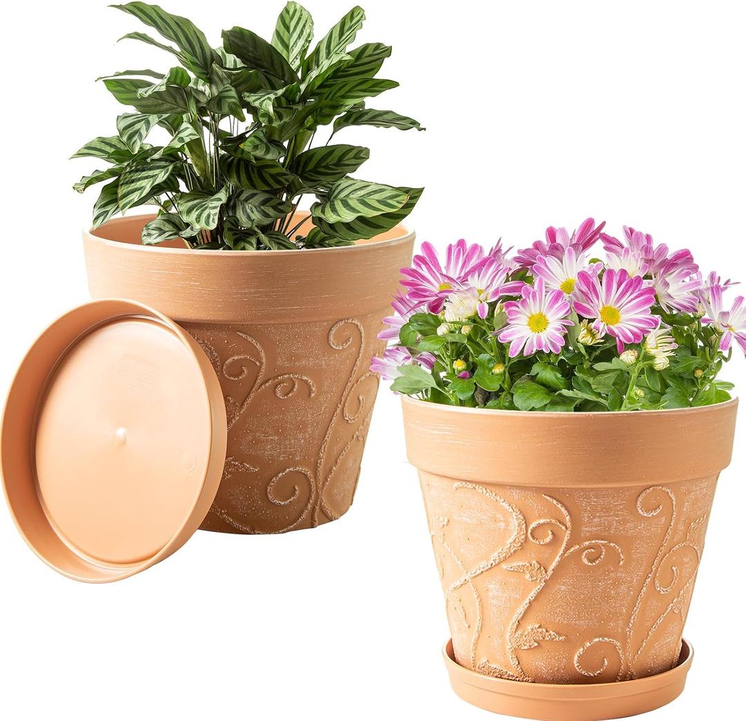Melphoe Plant Pots Indoor with Drainage & Saucer, 2Pack 10 inch Flower Pots Outdoor Planters for Indoor Plants Garden Home Decor Cactus Succulent, Rigid Plastic (Imitation-Terracotta) Vine-Embossed