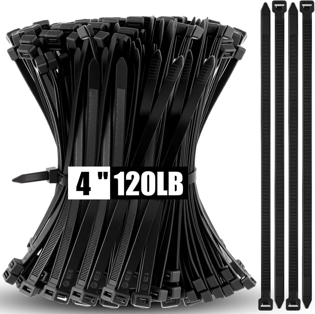 Reallnaive 500 Pcs 4 Inch Zip Ties Heavy Duty 120 Lbs Tensile Strength Black Nylon Wire Cable Ties Bulk for Indoor Outdoor