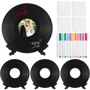 4 Pcs Vinyl Record Guest Book Alternative with Pens, 11.81 Inch DIY Message Signing Kit, Vinyl Record Decorations, Photo Center and Display Stands for Wedding, Birthday, Party Decor, Keepsake