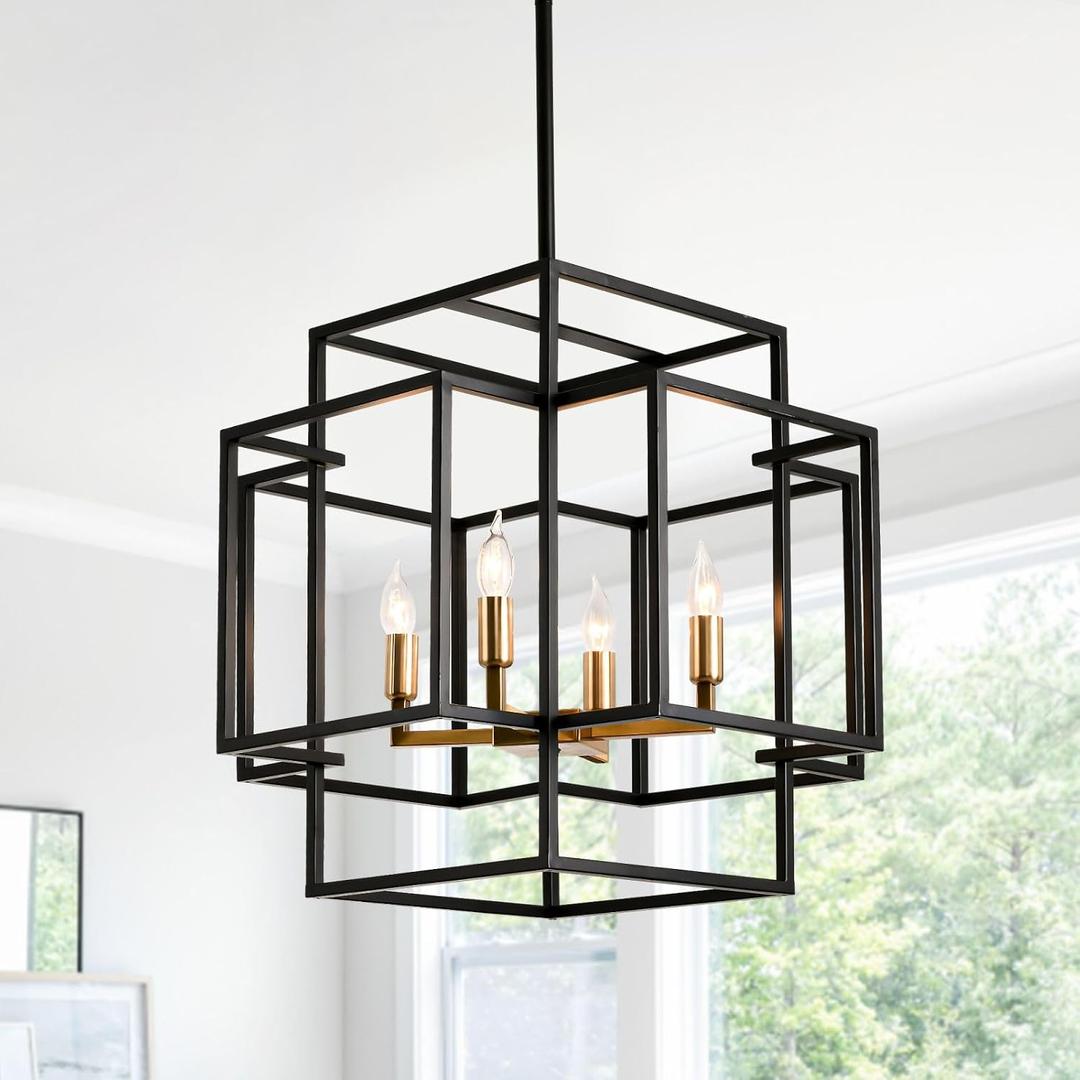 WJShome 4-Light Black and Gold Chandelier, Farmhouse Lantern Pendant Light, Industrial Ceiling Foyer Lighting Fixtures, Modern Chandeliers for Dining Room, for Kitchen Island Entryway Staircase