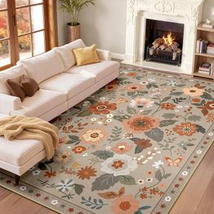 RELEANY Floral Washable 9x12 Area Rugs Brown/Brick